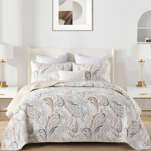 WONGS BEDDING Boho Quilt Set King SizeBeige Paisley Floral Pattern Bedspread Coverlet Set with 2 PillowcasesLightweight Microfiber Bohemian Quilt Bedding Set 10490 - Image 1