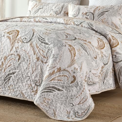WONGS BEDDING Boho Quilt Set King SizeBeige Paisley Floral Pattern Bedspread Coverlet Set with 2 PillowcasesLightweight Microfiber Bohemian Quilt Bedding Set 10490 - Image 3