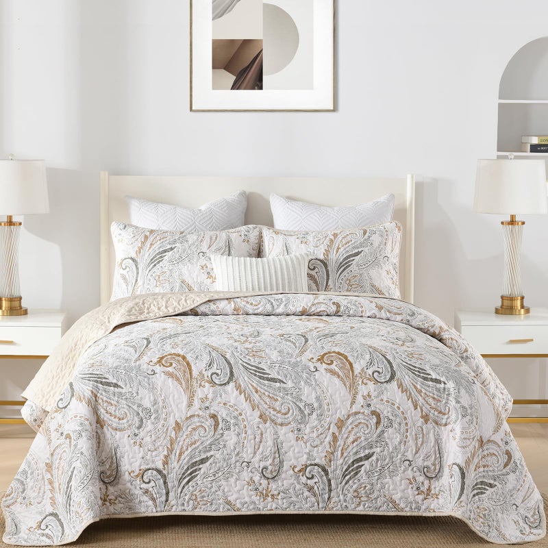 WONGS BEDDING Boho Quilt Set King SizeBeige Paisley Floral Pattern Bedspread Coverlet Set with 2 PillowcasesLightweight Microfiber Bohemian Quilt Bedding Set 10490 - Image 2