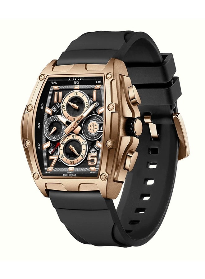 LIGE ​​LIGE Men's Stylish Sports Watch - Rose Gold-Tone Case with Black Strap, Barrel-Shaped Curved Glass, Multi-Function Date Display, 30M Water Resistance, Modern Business-Casual Style for Daily & Special Occasions​​  - Image 1