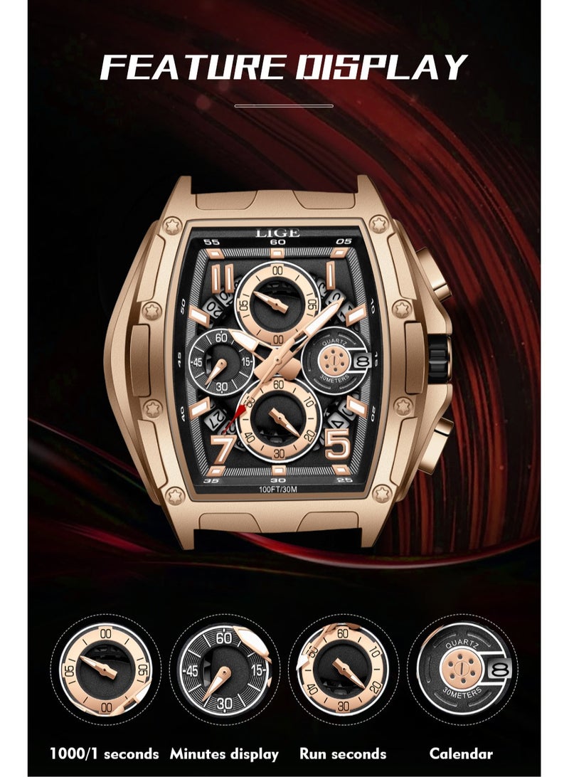 LIGE ​​LIGE Men's Stylish Sports Watch - Rose Gold-Tone Case with Black Strap, Barrel-Shaped Curved Glass, Multi-Function Date Display, 30M Water Resistance, Modern Business-Casual Style for Daily & Special Occasions​​  - Image 4