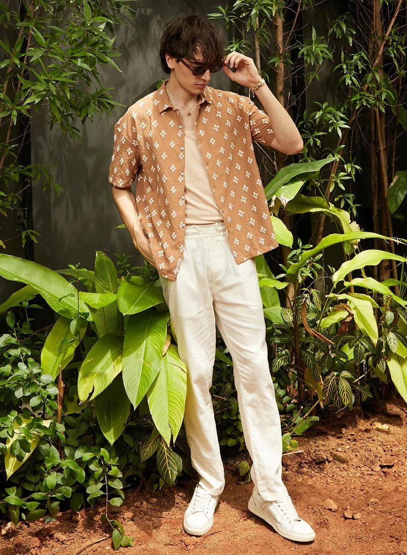 Campus Sutra Men's Tan Brown Floral-Tactile Oversized Shirt