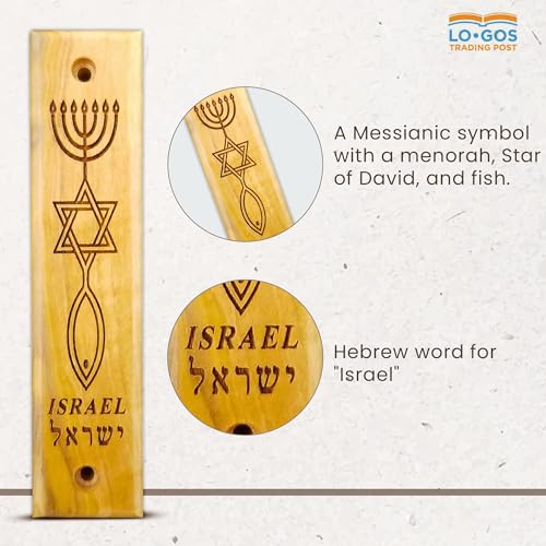 Logos Trading Post Olive Wood Mezuzah with Scroll, Messianic Symbol - Menorah, Star, & Fish, Made in Israel, Religious Home Décor for Door & Wall, Includes Parchment Prayer Scroll, Jewish & Messianic House Wall Art - Image 4