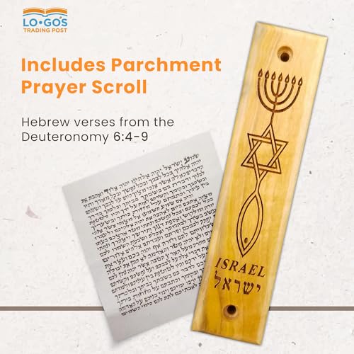 Logos Trading Post Olive Wood Mezuzah with Scroll, Messianic Symbol - Menorah, Star, & Fish, Made in Israel, Religious Home Décor for Door & Wall, Includes Parchment Prayer Scroll, Jewish & Messianic House Wall Art - Image 3