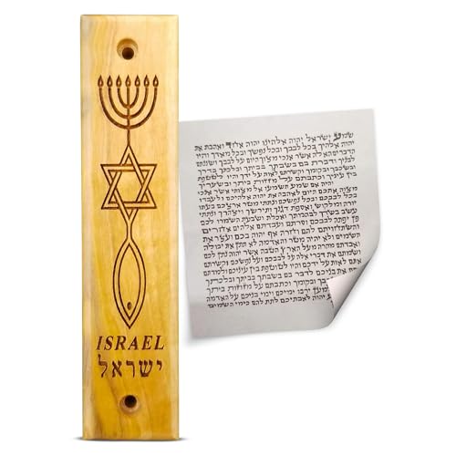 Logos Trading Post Olive Wood Mezuzah with Scroll, Messianic Symbol - Menorah, Star, & Fish, Made in Israel, Religious Home Décor for Door & Wall, Includes Parchment Prayer Scroll, Jewish & Messianic House Wall Art - Image 1