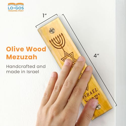 Logos Trading Post Olive Wood Mezuzah with Scroll, Messianic Symbol - Menorah, Star, & Fish, Made in Israel, Religious Home Décor for Door & Wall, Includes Parchment Prayer Scroll, Jewish & Messianic House Wall Art - Image 2