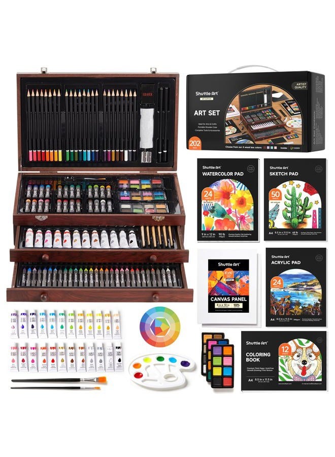 Shuttle Art Deluxe Gift Art Kit, 202-Piece Wooden Art Supplies Set with 4 Drawing Pads, Canvases, Coloring Sheets, Acrylic Paint, Crayons, Oil Pastels, Colored Pencils for Kids, Artists, Beginners - Image 1