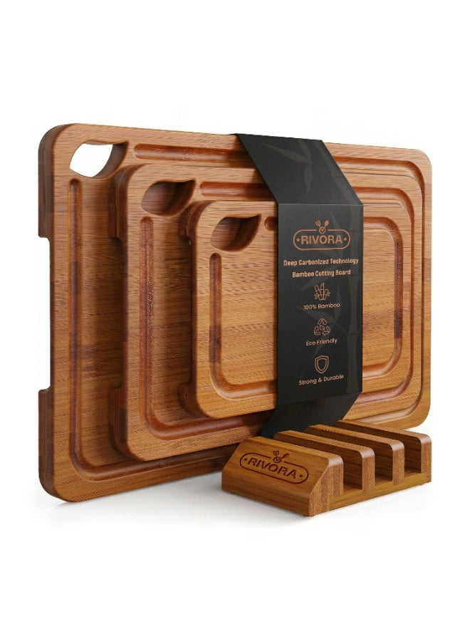 RIVORA Deep Carbonized Bamboo Wooden Cutting Board Set with Storage Stand – Reversible Chopping & Charcuterie Boards, Built-in Juice Groove, Easy-Grip Handles, Knife-Friendly & Durable - Image 1