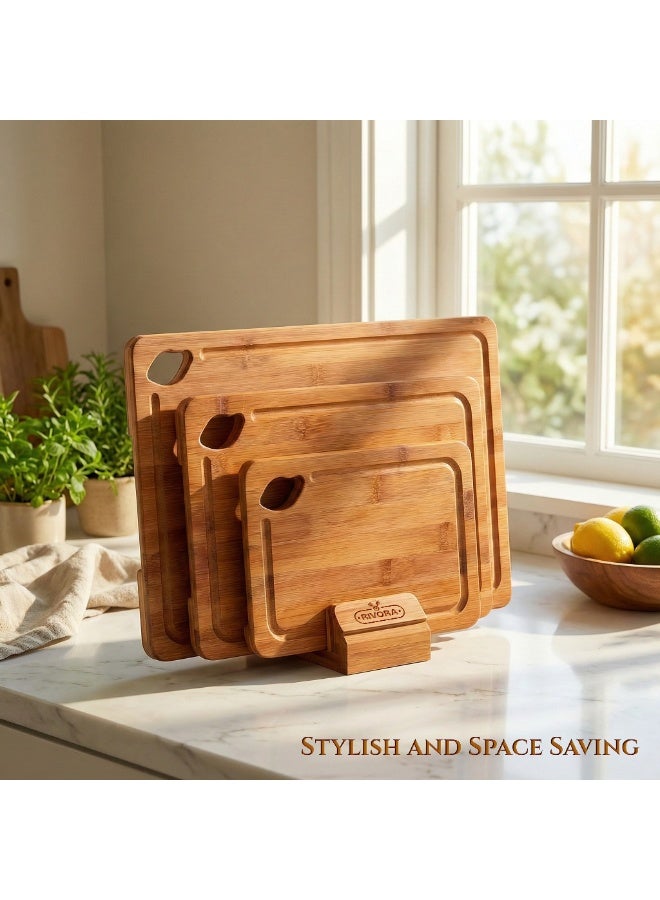 RIVORA Deep Carbonized Bamboo Wooden Cutting Board Set with Storage Stand – Reversible Chopping & Charcuterie Boards, Built-in Juice Groove, Easy-Grip Handles, Knife-Friendly & Durable - Image 2