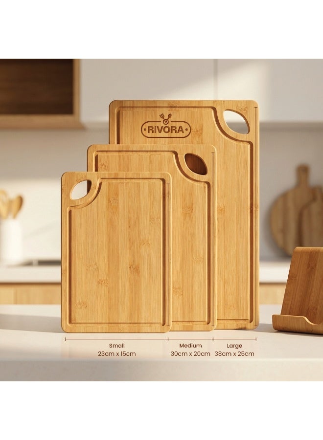 RIVORA Deep Carbonized Bamboo Wooden Cutting Board Set with Storage Stand – Reversible Chopping & Charcuterie Boards, Built-in Juice Groove, Easy-Grip Handles, Knife-Friendly & Durable - Image 3