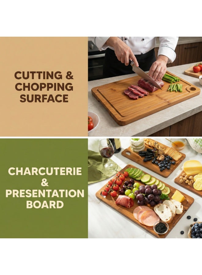 RIVORA Deep Carbonized Bamboo Wooden Cutting Board Set with Storage Stand – Reversible Chopping & Charcuterie Boards, Built-in Juice Groove, Easy-Grip Handles, Knife-Friendly & Durable - Image 4