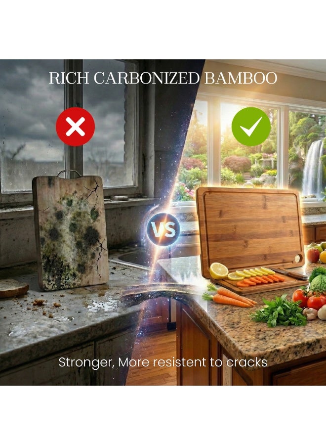 RIVORA Deep Carbonized Bamboo Wooden Cutting Board Set with Storage Stand – Reversible Chopping & Charcuterie Boards, Built-in Juice Groove, Easy-Grip Handles, Knife-Friendly & Durable - Image 5