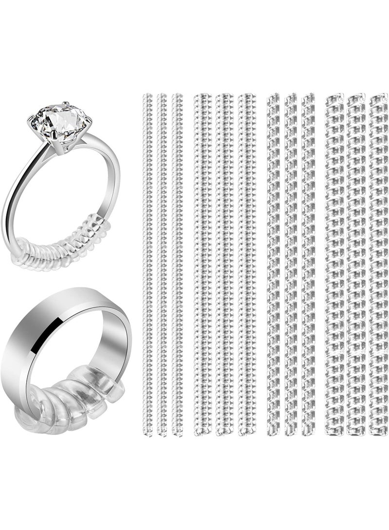 أداة تعديل مقاس الخواتم الفضفاضة – عبوة 16 قطعة بـ 4 مقاسات مختلفة – واقي خاتم سيليكون شفاف غير مرئي للنساء والرجال – أداة لتضييق الخواتم الكبيرة جدًا وتصغير المقاس بدون تغيير مقاس الخاتم – مريحة وآمنة للاستخدام اليومي - Image 1