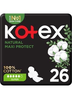 Kotex Kotex Natural Maxi Protect Thick Pads, 100% Cotton Pad, Super Size with Wings, 26 Sanitary Pads  - Image 1