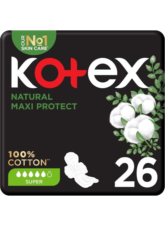 Kotex فوط كوتيكس الطبيعية ماكسي للحماية السميكة، فوط قطنية 100%، حجم كبير مع أجنحة، 26 فوطة صحية - Image 1