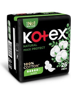 Kotex Kotex Natural Maxi Protect Thick Pads, 100% Cotton Pad, Super Size with Wings, 26 Sanitary Pads  - Image 2