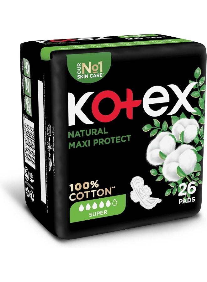Kotex فوط كوتيكس الطبيعية ماكسي للحماية السميكة، فوط قطنية 100%، حجم كبير مع أجنحة، 26 فوطة صحية - Image 2