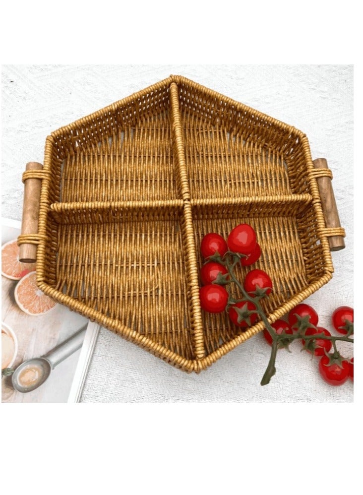 OASIS-TH Serving Tray Sweet Tray Snack Tray Imitation Rattan Featuring a Wooden Handle, Perfect for Decorating Your Desk Or for Party Use Size 32CM - Image 1
