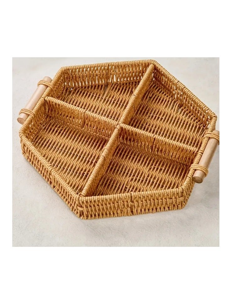 OASIS-TH Serving Tray Sweet Tray Snack Tray Imitation Rattan Featuring a Wooden Handle, Perfect for Decorating Your Desk Or for Party Use Size 32CM - Image 2