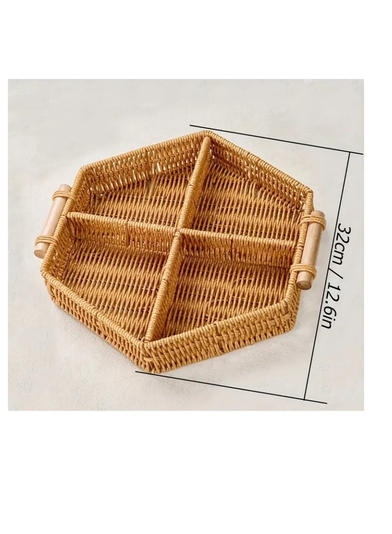 OASIS-TH Serving Tray Sweet Tray Snack Tray Imitation Rattan Featuring a Wooden Handle, Perfect for Decorating Your Desk Or for Party Use Size 32CM - Image 3