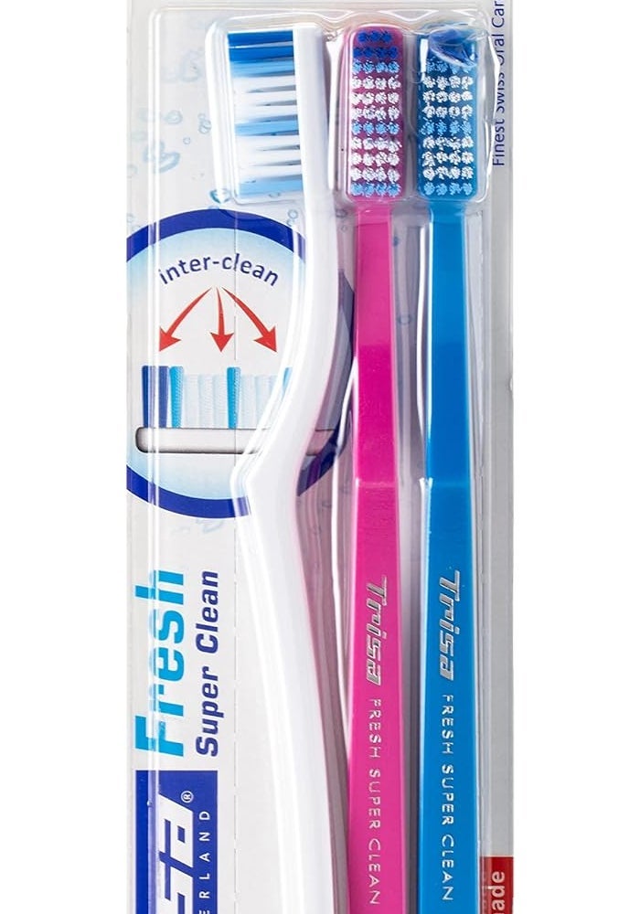 TRISA مجموعة فرشاة أسنان متوسطة للبالغين من تريزا فريش سوبر كلين مع غطاء سفر - عبوة متنوعة من 3 قطع، مصنوعة في سويسرا - Image 1