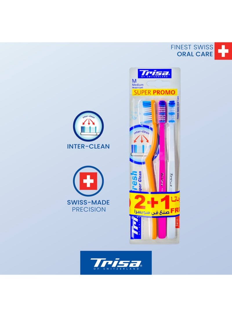 TRISA مجموعة فرشاة أسنان متوسطة للبالغين من تريزا فريش سوبر كلين مع غطاء سفر - عبوة متنوعة من 3 قطع، مصنوعة في سويسرا - Image 2