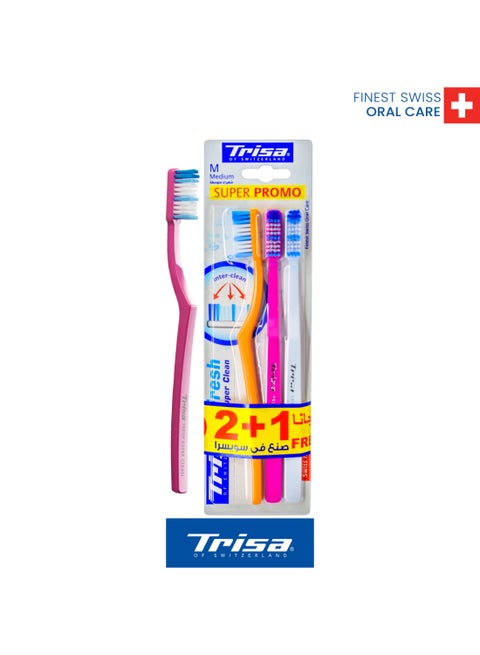 Trisa Fresh Super Clean Medium Adult Toothbrush Set with Travel Cap - Assortment Pack of 3, Swiss Made