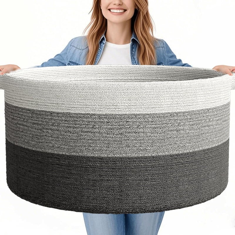 GOPAS 125L Extra Large Blanket Basket 25 x 16 Jumbo Laundry Woven Baskets Decorative Home Cotton Rope Basket with Handles Baby Toy Baskets for Storage Gradual Gray - Image 1