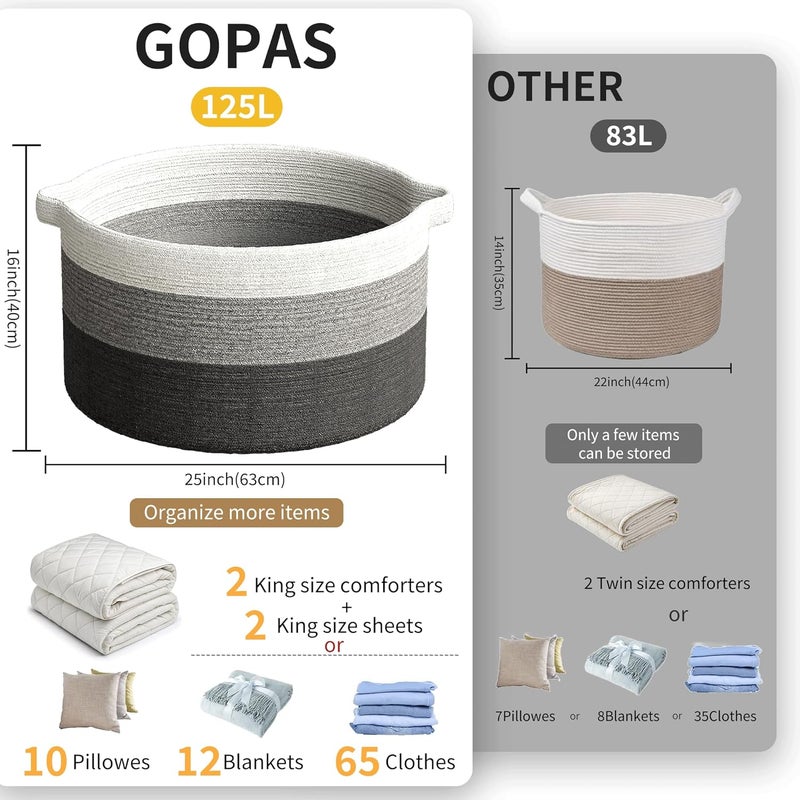 GOPAS 125L Extra Large Blanket Basket 25 x 16 Jumbo Laundry Woven Baskets Decorative Home Cotton Rope Basket with Handles Baby Toy Baskets for Storage Gradual Gray - Image 3