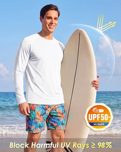 Boladeci Mens Swim Shirts Long Sleeve UPF 50+ UV Protection SPF Sun Shirts Workout T-Shirts Rash Guard for Men Beach Running Gym Travel (White) - Image 3