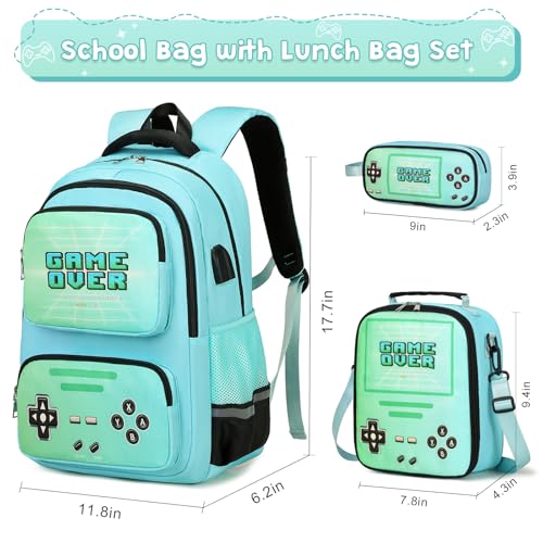 ACESAK Gamer Backpack for Boys Luminous School Backpack with Lunch Bag Pencil Case Boys Elementary Middle School Backpack with USB Charging Port Green - Image 3