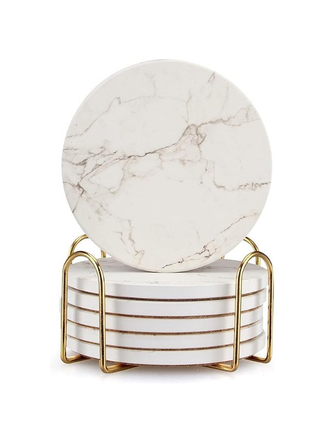 6 Pcs White Marble Coaster Set with Holder Best Absorbent Coasters Drink Stone Coasters Ceramic Wine Coasters Table Cup Coasters - Image 2