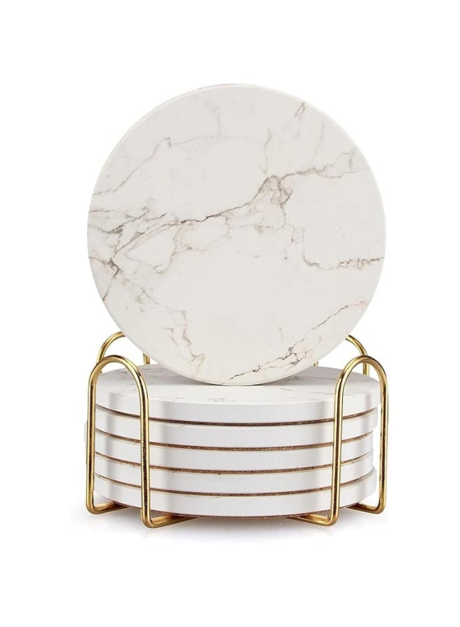6 Pcs White Marble Coaster Set with Holder Best Absorbent Coasters Drink Stone Coasters Ceramic Wine Coasters Table Cup Coasters - Image 1