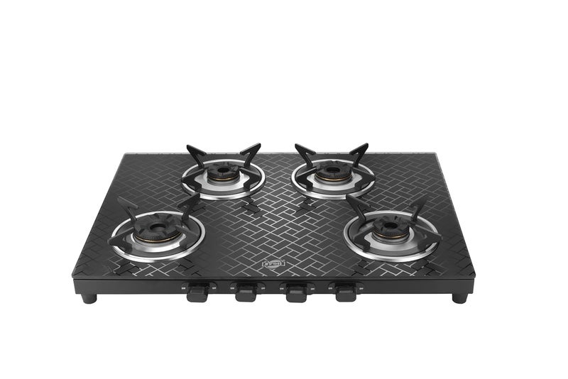 Jyoti 427 Sleek Maze 3D 4 burner Gas Stove Toughened Glass Cooktop Gas Saving 3D Tornado Brass Burners with SS Frame Base 427 Maze 3D - Image 1