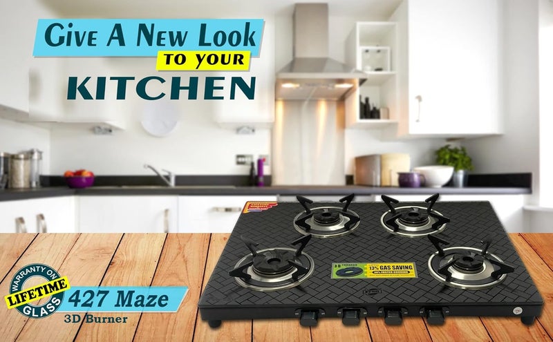 Jyoti 427 Sleek Maze 3D 4 burner Gas Stove Toughened Glass Cooktop Gas Saving 3D Tornado Brass Burners with SS Frame Base 427 Maze 3D - Image 2