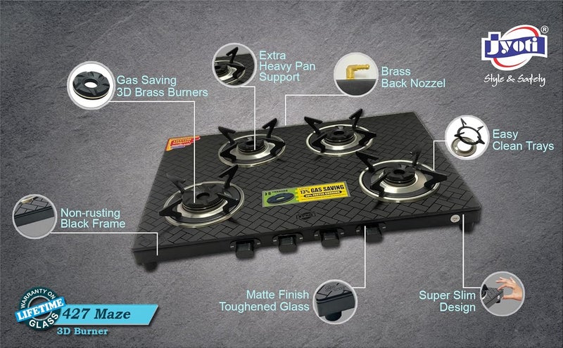 Jyoti 427 Sleek Maze 3D 4 burner Gas Stove Toughened Glass Cooktop Gas Saving 3D Tornado Brass Burners with SS Frame Base 427 Maze 3D - Image 3