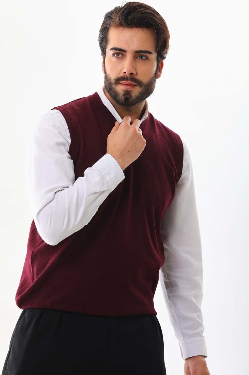 Günay Men's V Neck Wool Sweater 0108 Claret Red  - Image 1