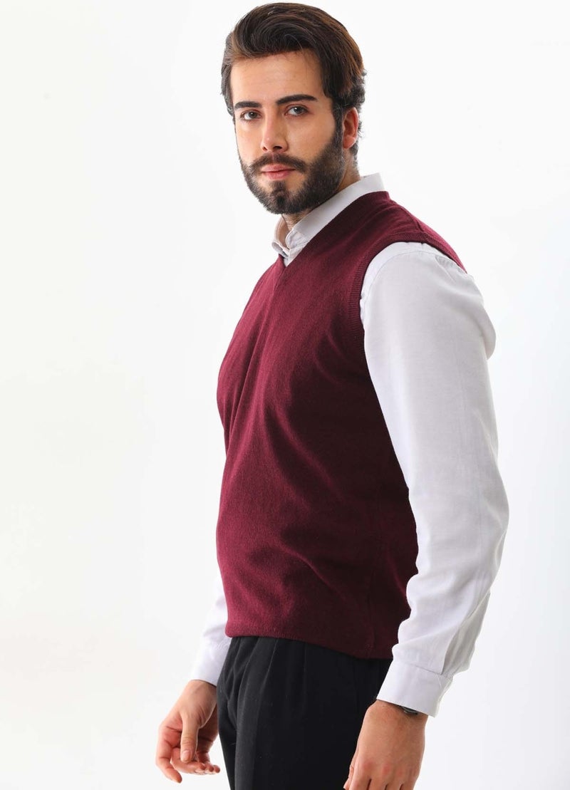 Günay Men's V Neck Wool Sweater 0108 Claret Red  - Image 3