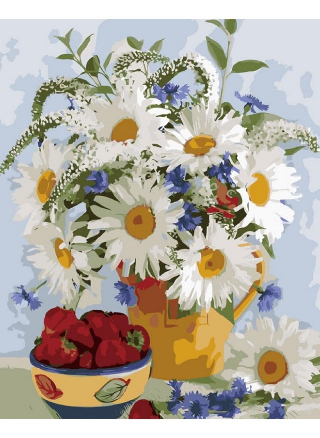 Syntego Syntego DIY Paint by Numbers for Adults, Daisy and Strawberry Vase Canvas Oil Acrylic Painting Kit Approx 50 x 40cm(16" x 20")  - Image 1