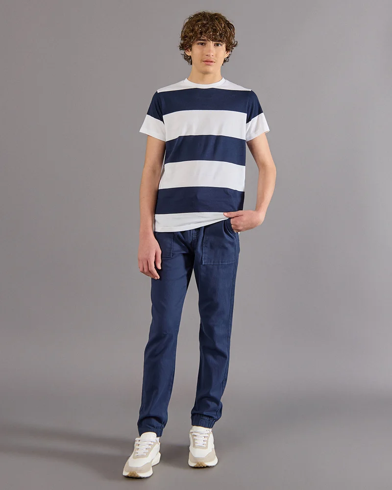 Redtag Senior Boys White And Navy Striped T-Shirt