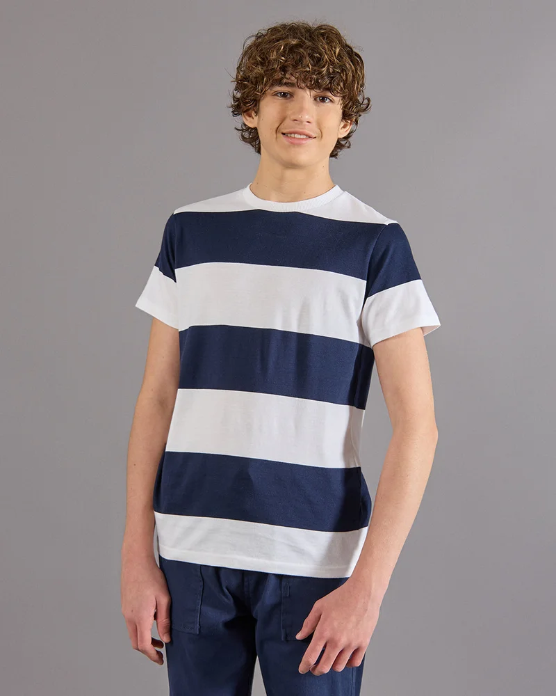 Redtag Senior Boys White And Navy Striped T-Shirt