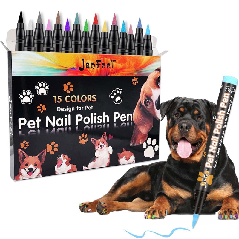 JanFeel Dog Nail Polish Pens, 15 Colors Pet Nail Polish Set Quick Dry Pet Safe Nail Polish Non Toxic Brush Tip Nail Polish Pens for Puppy and Cat or Small Pets - Image 1
