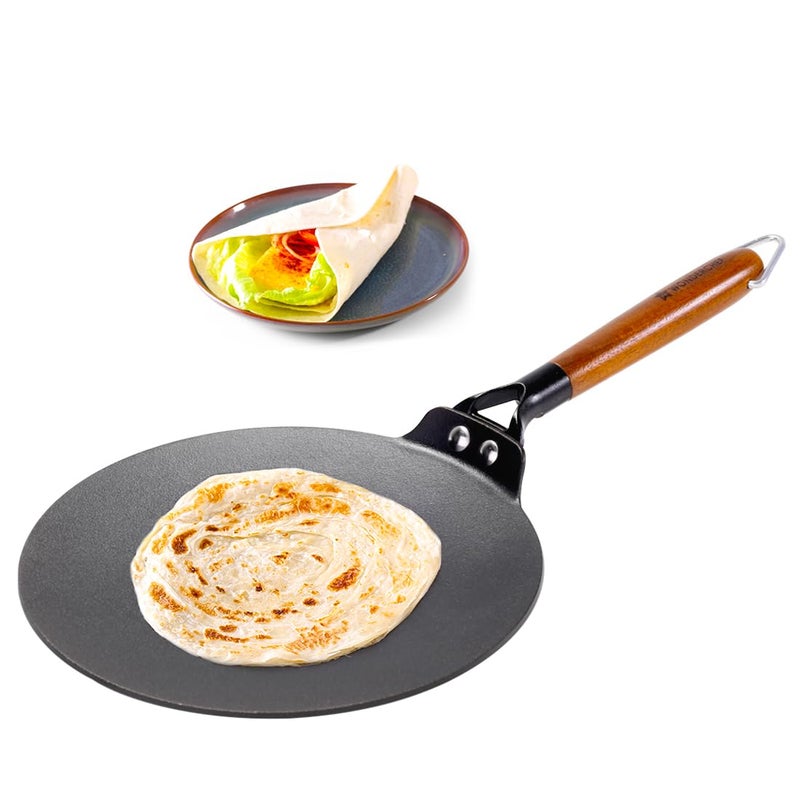 Wonderchef واندرشيف فيرو خفيف الوزن من الحديد الزهر طاوة روتي 26 سم مسبقة التتبيل مع 100 زيت نباتي 40 أخف من أواني الطهي العادية من الحديد الزهر مقبض خشب الأكاسيا الحقيقي بلمسة باردة ضمان 10 سنوات - Image 1