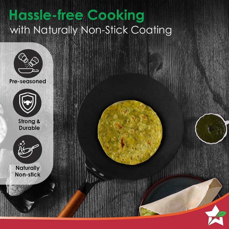 Wonderchef واندرشيف فيرو خفيف الوزن من الحديد الزهر طاوة روتي 26 سم مسبقة التتبيل مع 100 زيت نباتي 40 أخف من أواني الطهي العادية من الحديد الزهر مقبض خشب الأكاسيا الحقيقي بلمسة باردة ضمان 10 سنوات - Image 4