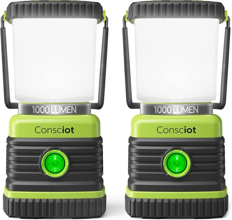 Consciot LED Battery Powered Camping Lantern, 1000LM, 4 Light Modes, IPX4 Waterproof Portable Tent Flashlight for Power Outages, Emergency, Hurricane, Hiking, Light Green, 2-Pack - Image 1