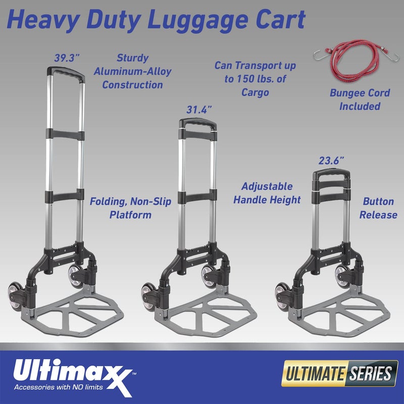 Ultimaxx Professional HeavyDuty 150 Pound lb Capacity Aluminum Folding Hand TruckLuggage Cart BlackSilver with Adjustable Handle Folding Away Wheels and Bungee Cord - Image 3