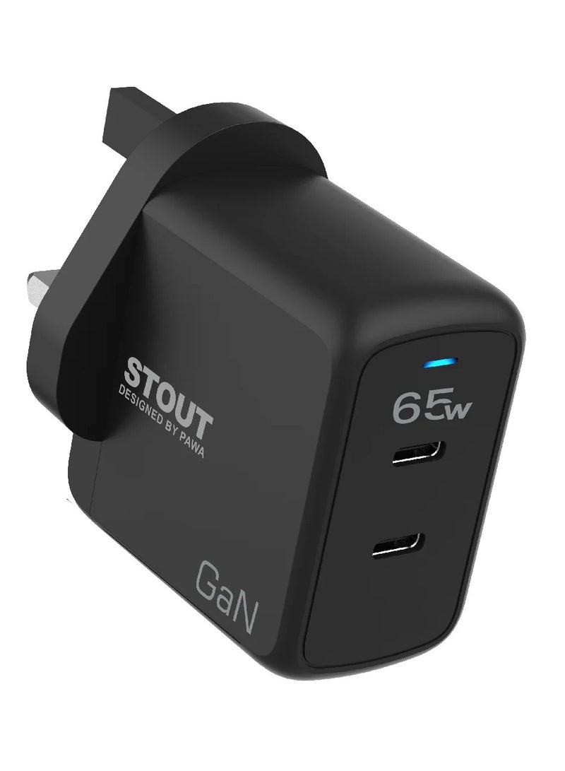 باوا شاحن ستاوت جان للسفر مزود بمنفذ PD مزدوج 65 واط / حماية من الحريق / حماية من درجة الحرارة المنخفضة / حماية من قصر الدائرة الكهربائية / حماية من التفريغ / حماية من زيادة التيار الكهربائي / تصميم فريد / شحن سريع - أسود - Image 1