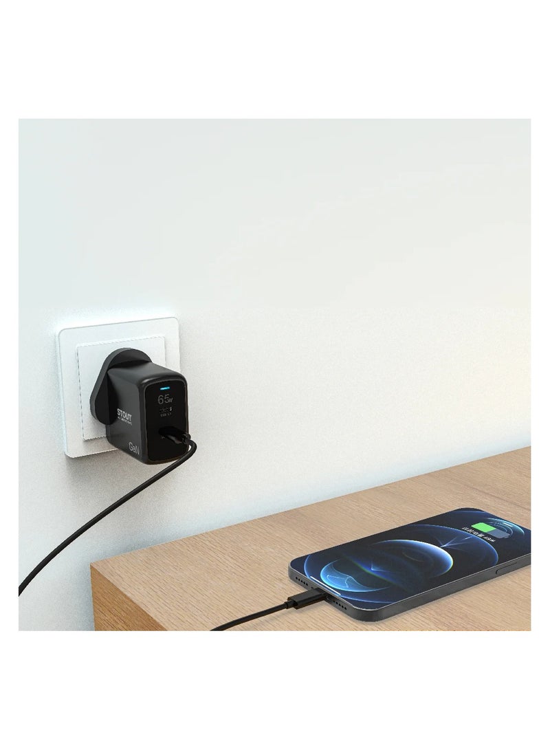 باوا شاحن ستاوت جان للسفر مزود بمنفذ PD مزدوج 65 واط / حماية من الحريق / حماية من درجة الحرارة المنخفضة / حماية من قصر الدائرة الكهربائية / حماية من التفريغ / حماية من زيادة التيار الكهربائي / تصميم فريد / شحن سريع - أسود - Image 3