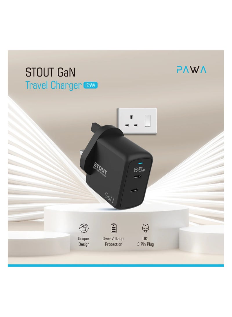 باوا شاحن ستاوت جان للسفر مزود بمنفذ PD مزدوج 65 واط / حماية من الحريق / حماية من درجة الحرارة المنخفضة / حماية من قصر الدائرة الكهربائية / حماية من التفريغ / حماية من زيادة التيار الكهربائي / تصميم فريد / شحن سريع - أسود - Image 2