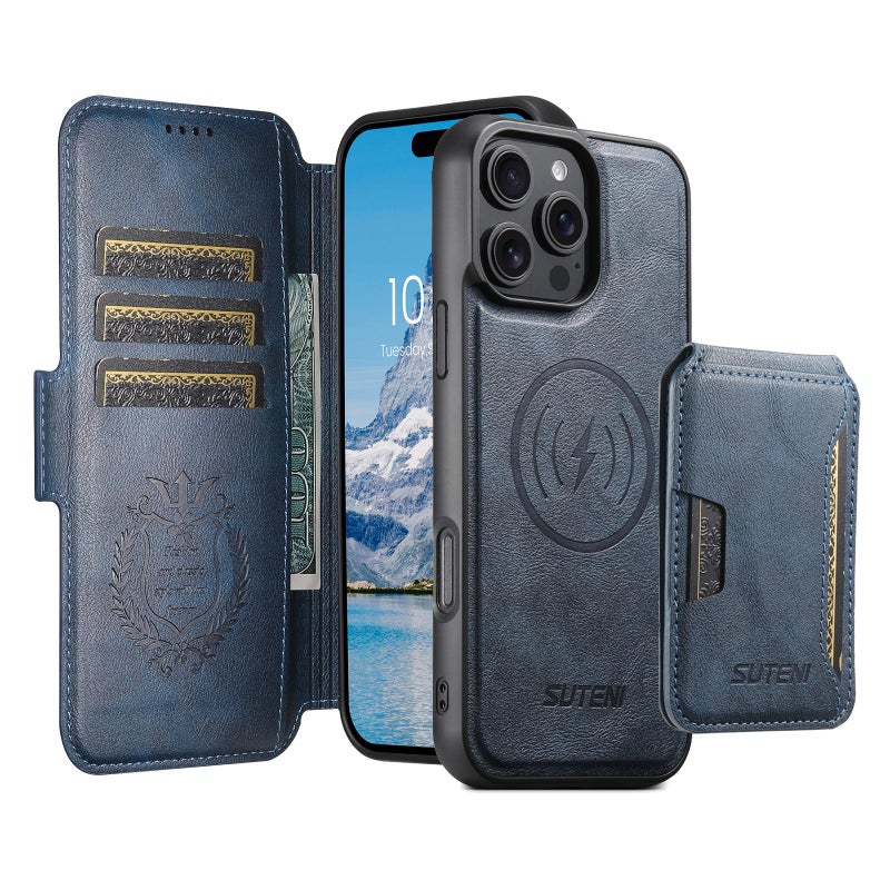 Suteni For Iphone 14 Pro Q06S3 3-In-1 Splicing Detachable Vertical Flip Wallet Magsafe Leather Phone Case(Blue) - Image 2